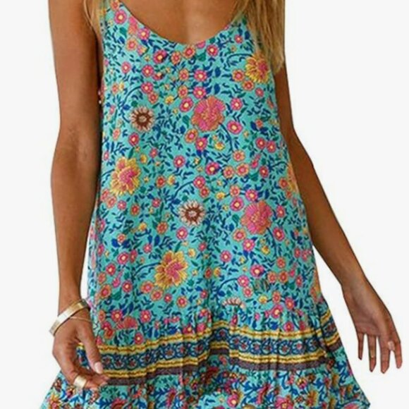Womens Boho Floral Printed Dress Summer Sleeveless Adjustable Strap Beach - M - Picture 1 of 9